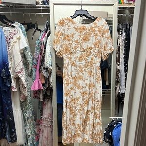 Lost + Wander Cream Midi Dress with Mustard Floral Print